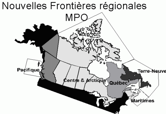 Carte du Canada montrant les nouvelles frontières du MPO (Terre-Neuve, Maritimes, Centre et Arctique, et Pacifique), où chaque région est délimitée par divers tons de gris. 