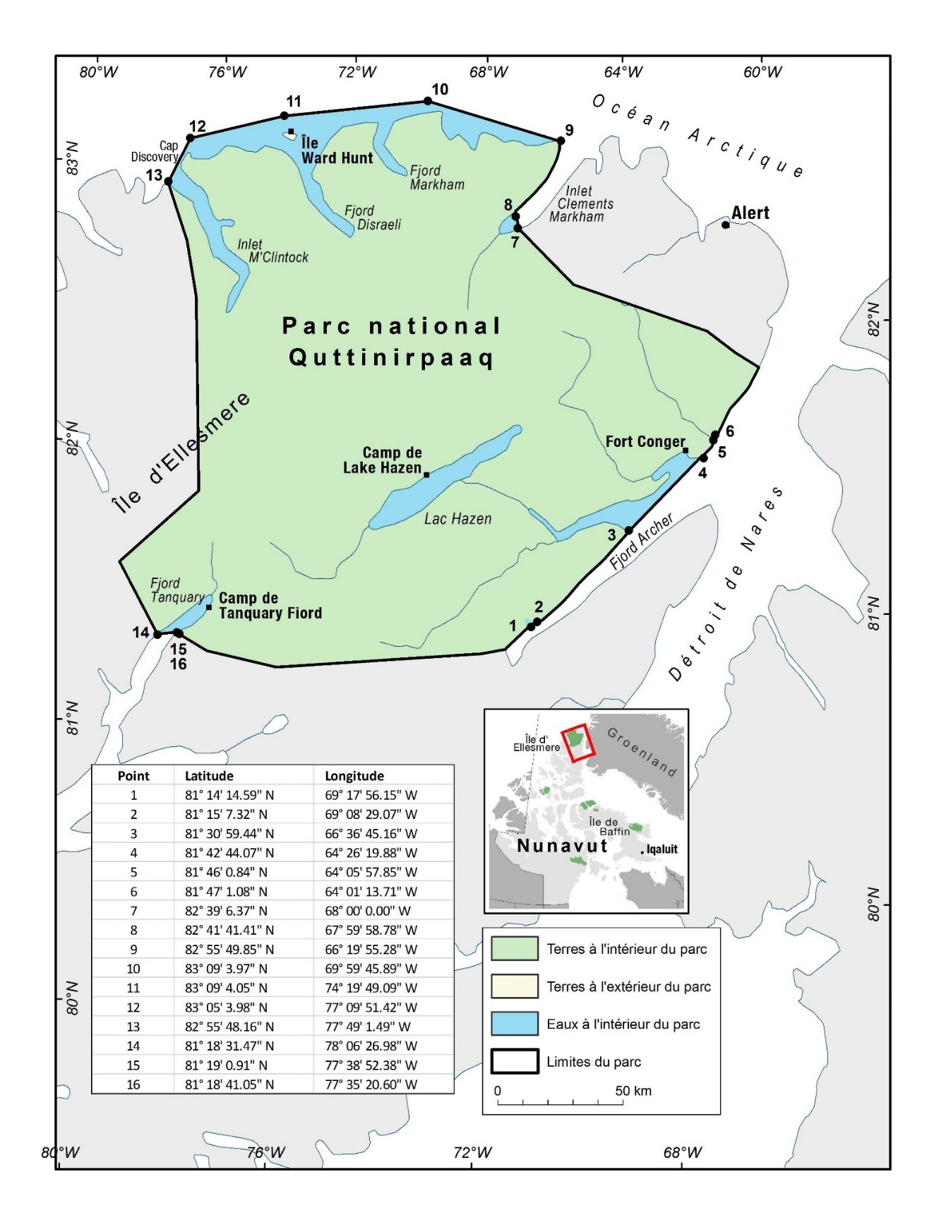 Carte du parc national du Canada Quttinirpaaq avec des 
                 points de coordonnées pour indiquer ses limites lorsqu'on y 
                 accède par l'eau.