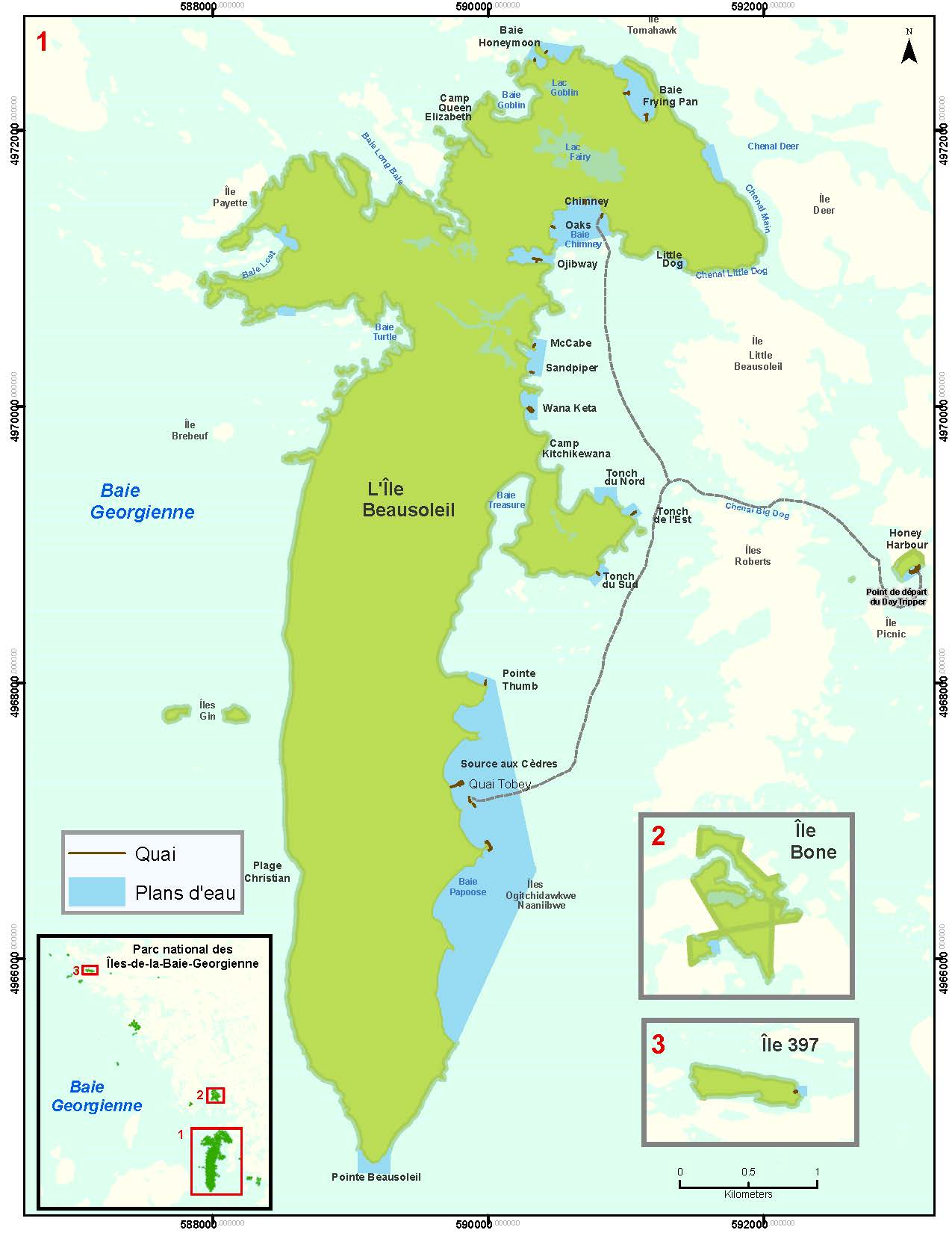 Carte du parc national du Canada des Îles-la-Baie-Georgienne
                 indiquant les quais, les plans d'eau et ses limites.