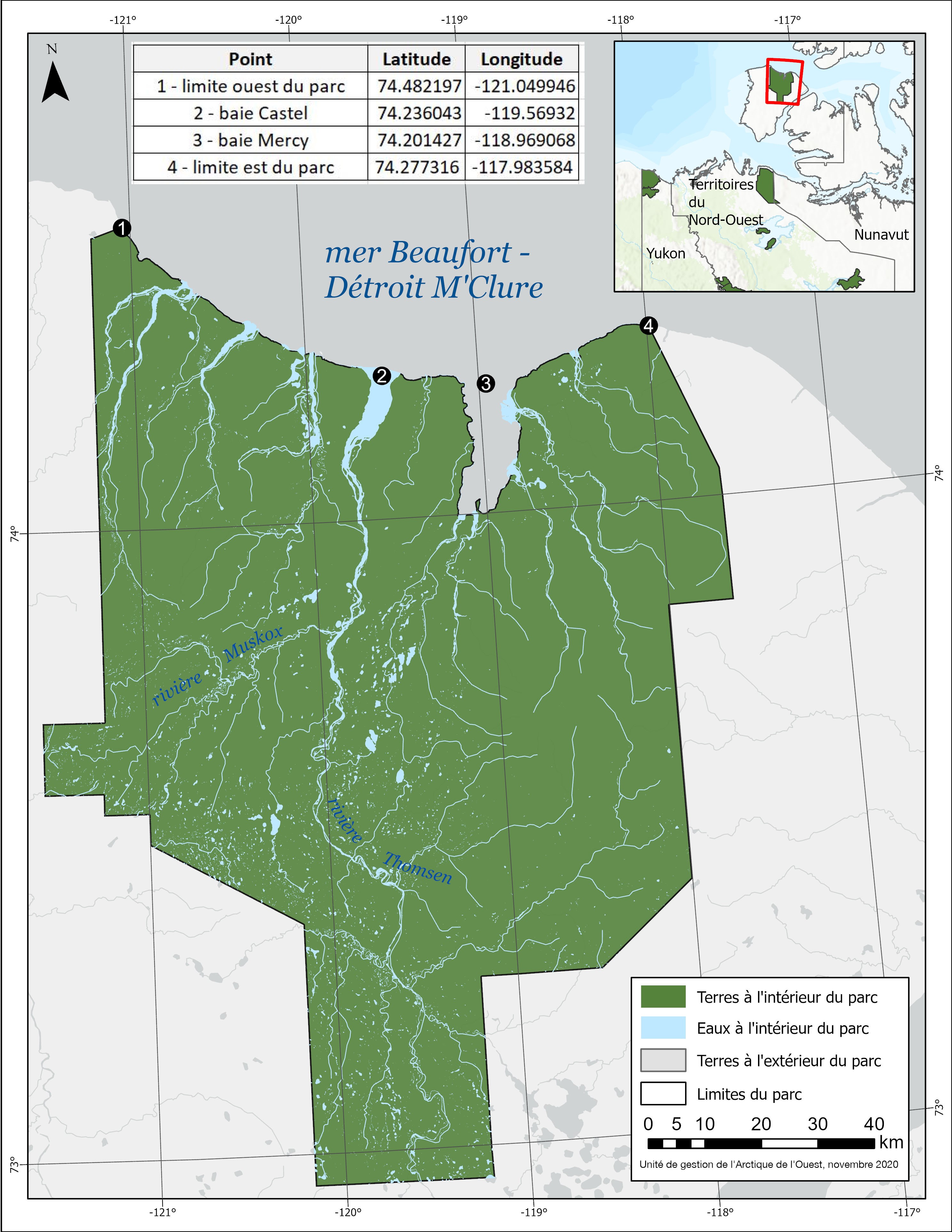 Carte du parc national du Canada Aulavik avec des points
                 de coordonnées pour indiquer ses limites lorsqu'on y accède par
                 l'eau.