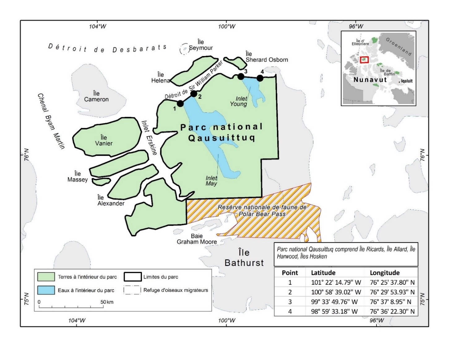 Carte du parc national du Canada Qausuittuq avec des 
                 points de coordonnées pour indiquer ses limites lorsqu'on 
                 y accède par l'eau.