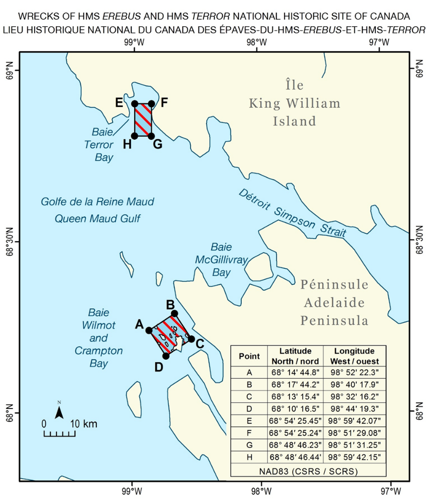 Carte avec des points 
                 de coordonnées indiquant la limite des fonds marins protégés 
                 entourant les sites de l'épave du HMS Terror et de l'épave du
                 HMS Erebus.
