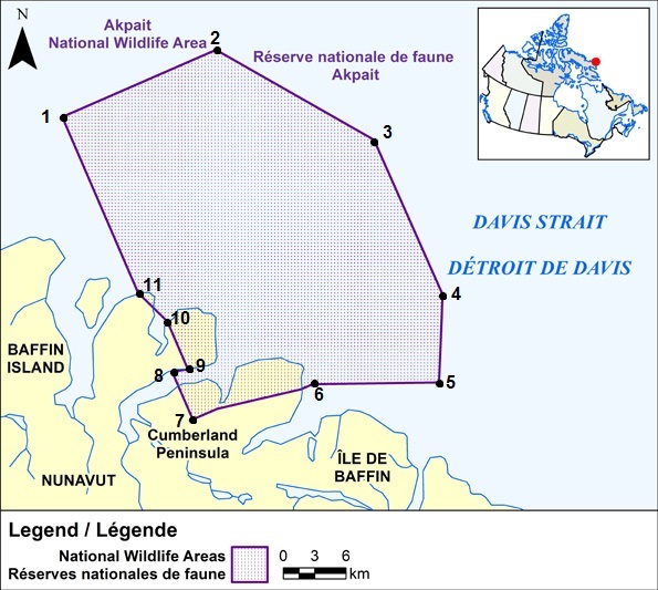 Map showing the geographic boundaries of Akpait National Wildlife Area.
