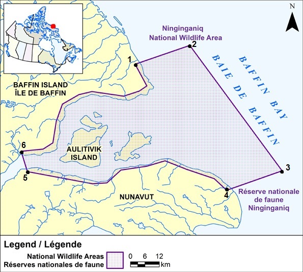 Map showing the geographic boundaries of Ninginganiq National Wildlife Area.