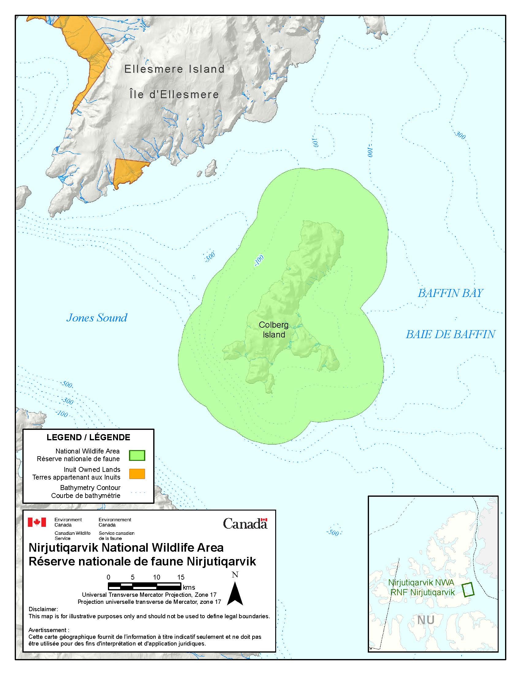 Map showing the geographic boundaries of Nirjutiqarvik National Wildlife Area.