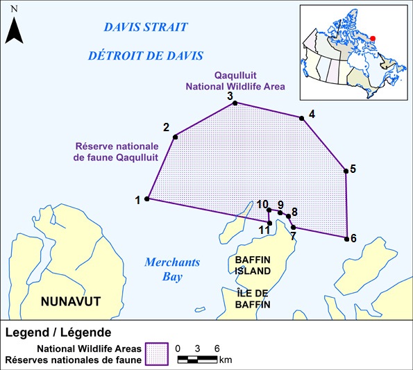 Map showing the geographic boundaries of Qaqulluit National Wildlife Area.
