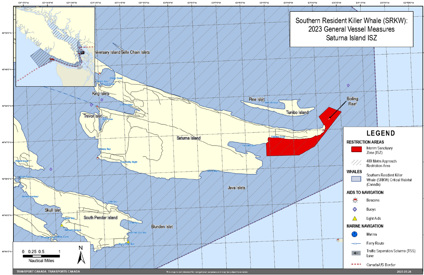 Rectangular map in grey, yellow and blue. It shows the Saturna Island interim sanctuary zone in red, as part of the general vessel measures for the Southern Resident Killer Whales.
