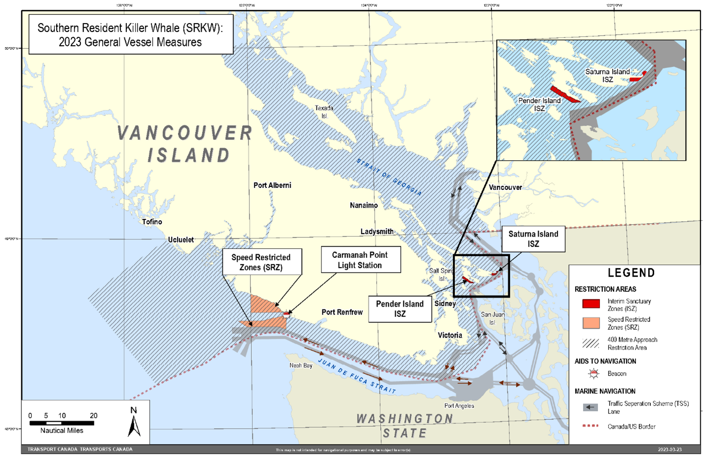 Rectangular map in grey, blue and yellow showing the general vessel measures for the Southern Resident Killer Whale around Vancouver Island and Washington State. 