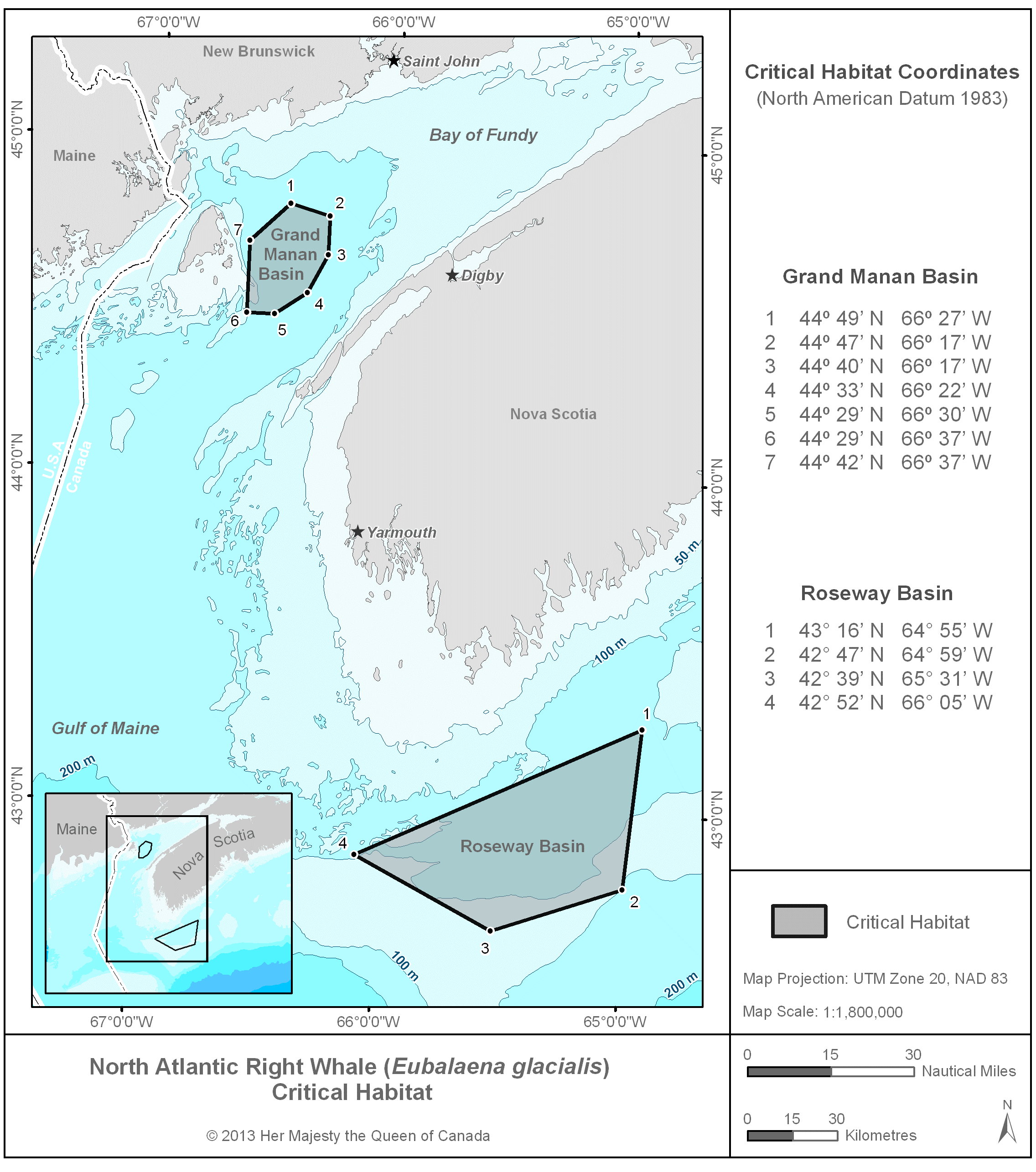 Rectangular blue and grey map showing the critical habitat for the North Atlantic right whales, with coordinates to Grand Manan Basin and Roseway Basin.