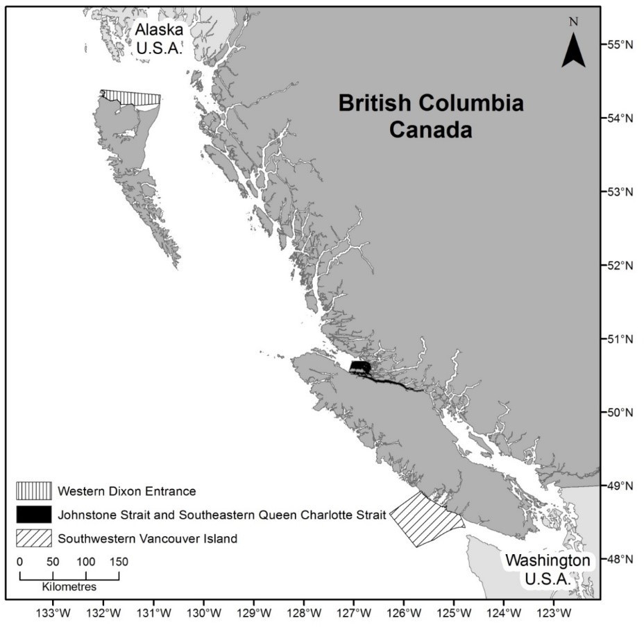 Rectangular map in grey, white and black showing the critical habitat for the Northern Resident Killer Whale in British Columbia, Canada, Alaska and Washington, U.S.A.
