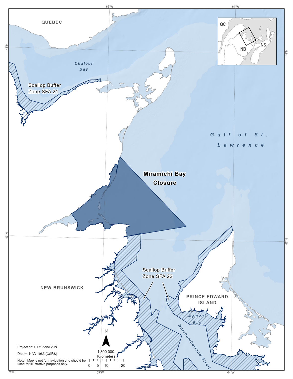 Map of the Miramichi Bay Closure depicted in dark blue. The map also features the marine refuges nearby with dark blue diagonal lines (Scallop Buffer Zone SFA 21 & SFA 22).