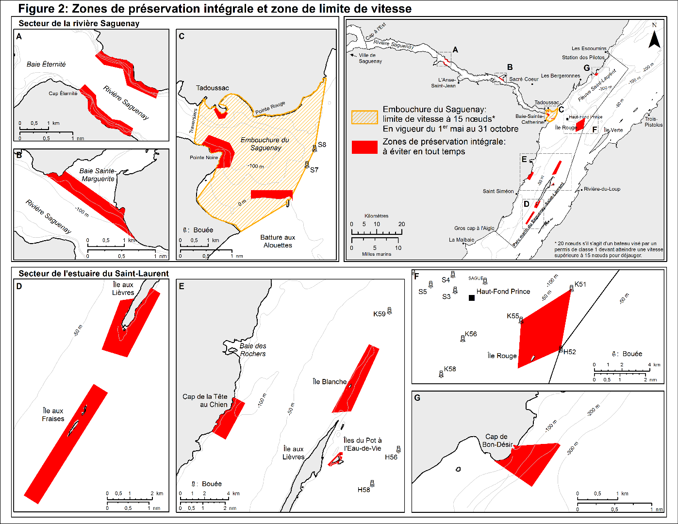 Carte du parc marin
                 Saguenay-Saint-Laurent avec des couleurs pour indiquer les zones
                 de préservation intégrale et les zones de limite de vitesse.