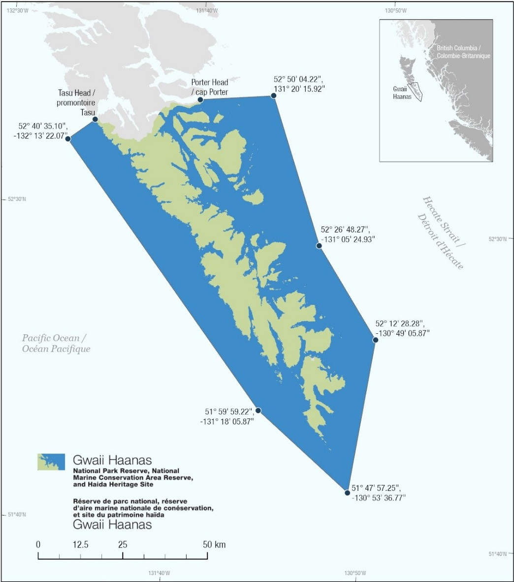 Carte du réserve de 
                 parc national Gwaii Haanas avec des points de coordonnées pour 
                 indiquer ses limites.