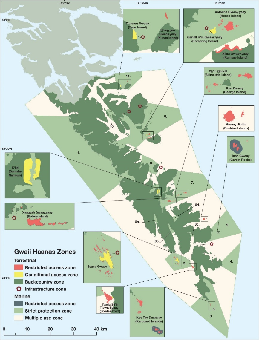 Carte indiquant 
          avec des couleurs les zones terrestres et marins du réserve de
          parc national Gwaii Haanas.