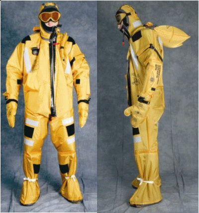 a yellow submarine surface abandonment suit - front and side view.