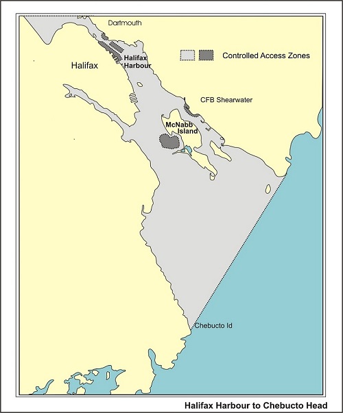 A maritime chart showing the boundaries of controlled access zones within Halifax Harbour