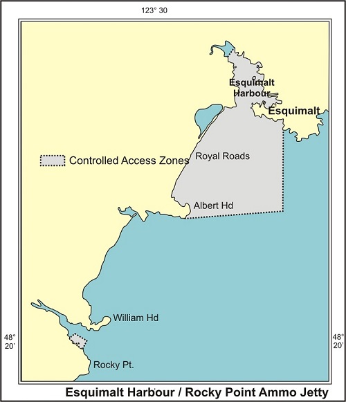 A maritime chart showing the boundaries of controlled access zones within Esquimalt Harbour, in the approaches thereto, and in the vicinity of Rocky Point