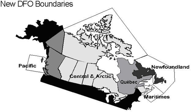 Map of Canada showing DFO’s new boundaries where each regions (Newfoundland, Maritimes, Central & Arctic, and Pacific) are delimitated in various grey gradients. 