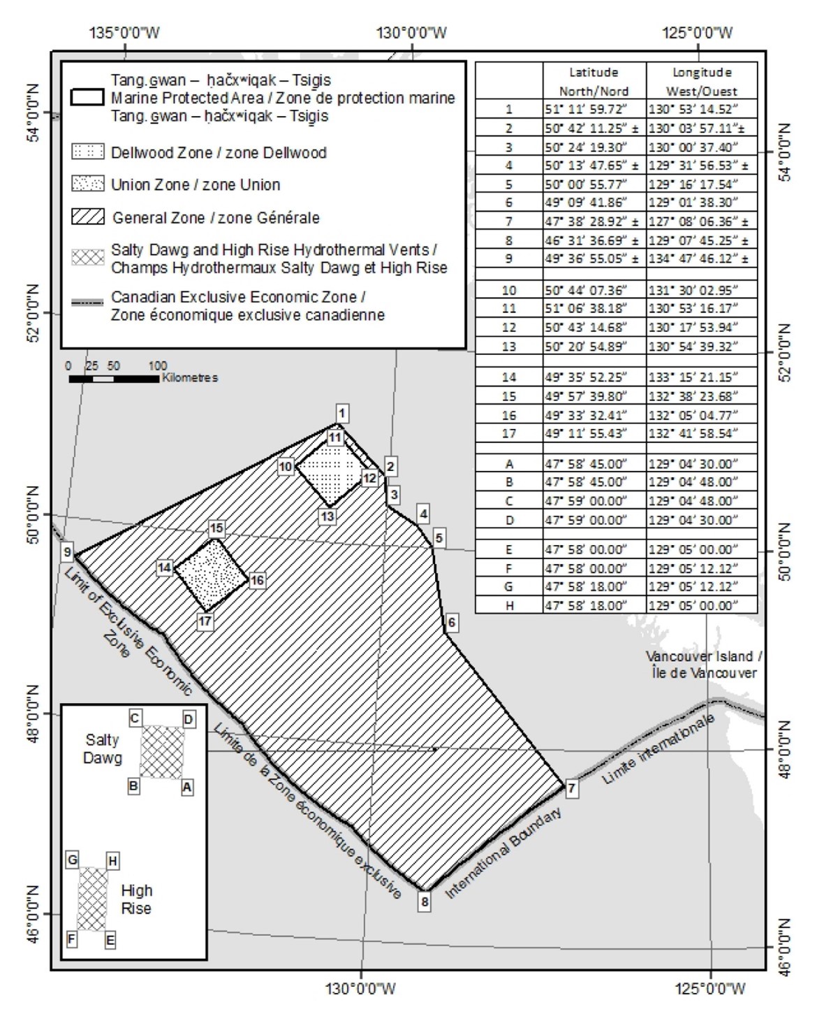 Map of the Tang.ɢwan — ḥačxʷiqak — Tsig̱is Marine Protected Area. The coordinates can be found on the top right corner.