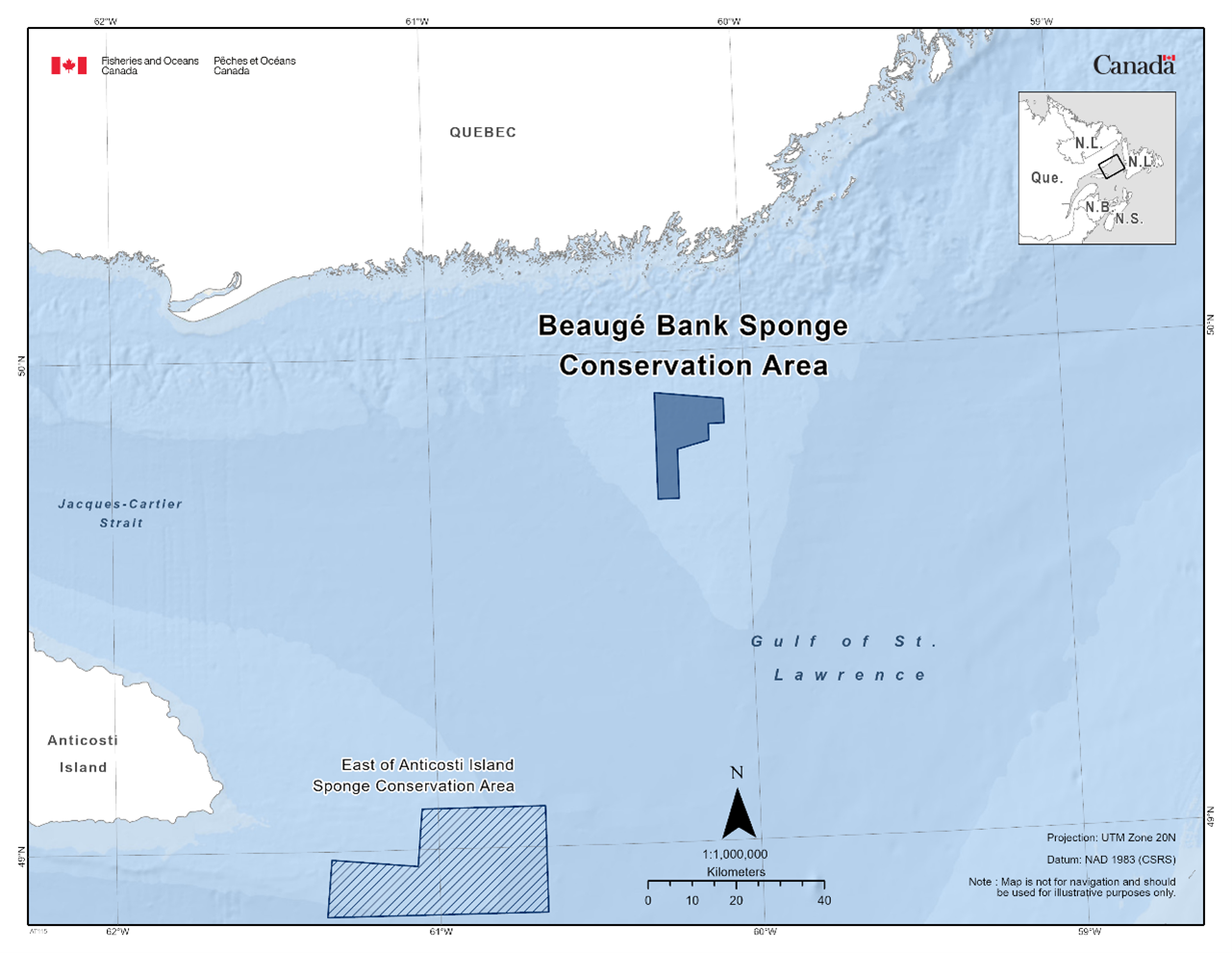 Map of the Beaugé Bank Sponge Conservation Area depicted in dark blue. The map also includes other marine refuges in the area with dark blue diagonal lines (East of Anticosti Island Sponge Conservation Area).