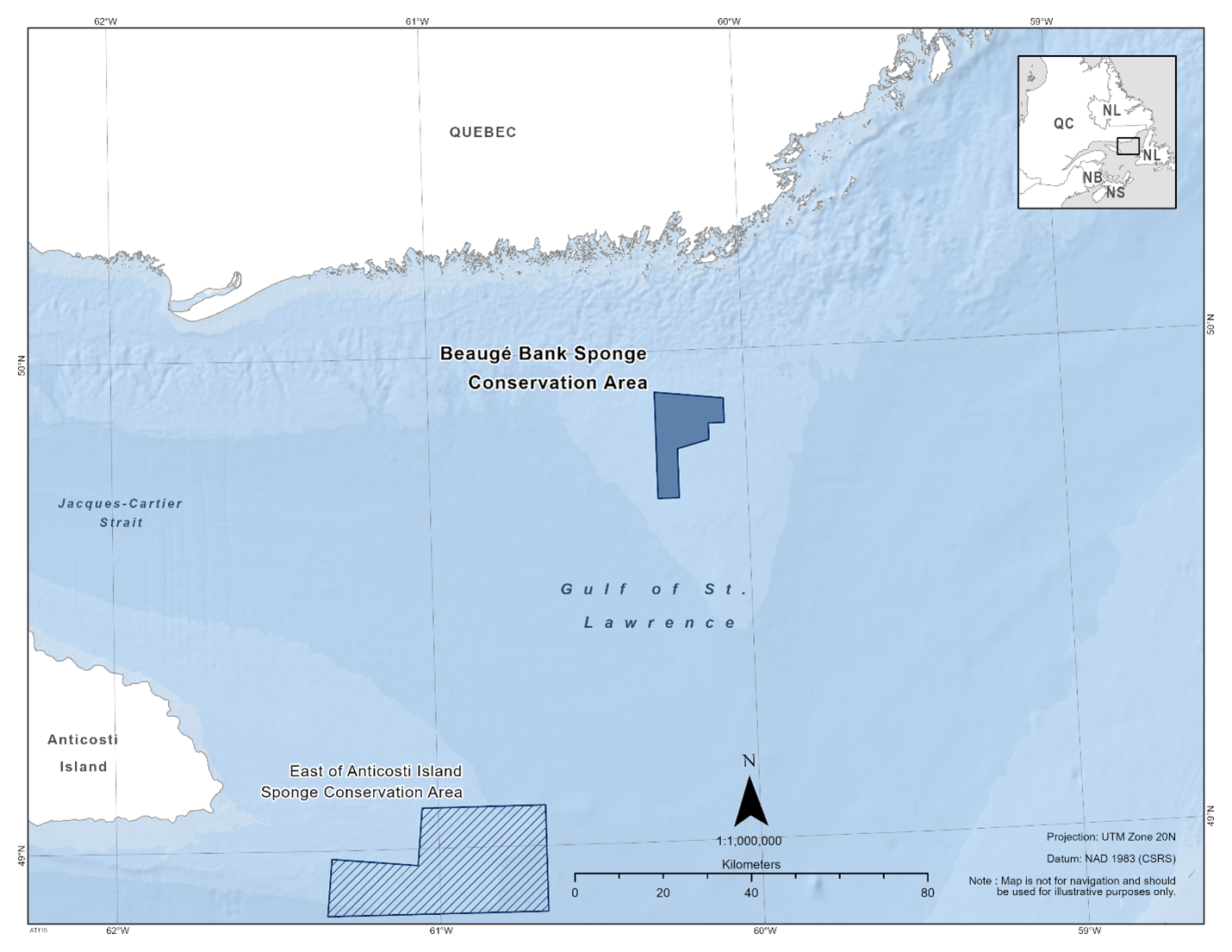 Map of the Beaugé Bank Sponge Conservation Area depicted in dark blue. The map also includes other marine refuges in the area with dark blue diagonal lines (East of Anticosti Island Sponge Conservation Area).