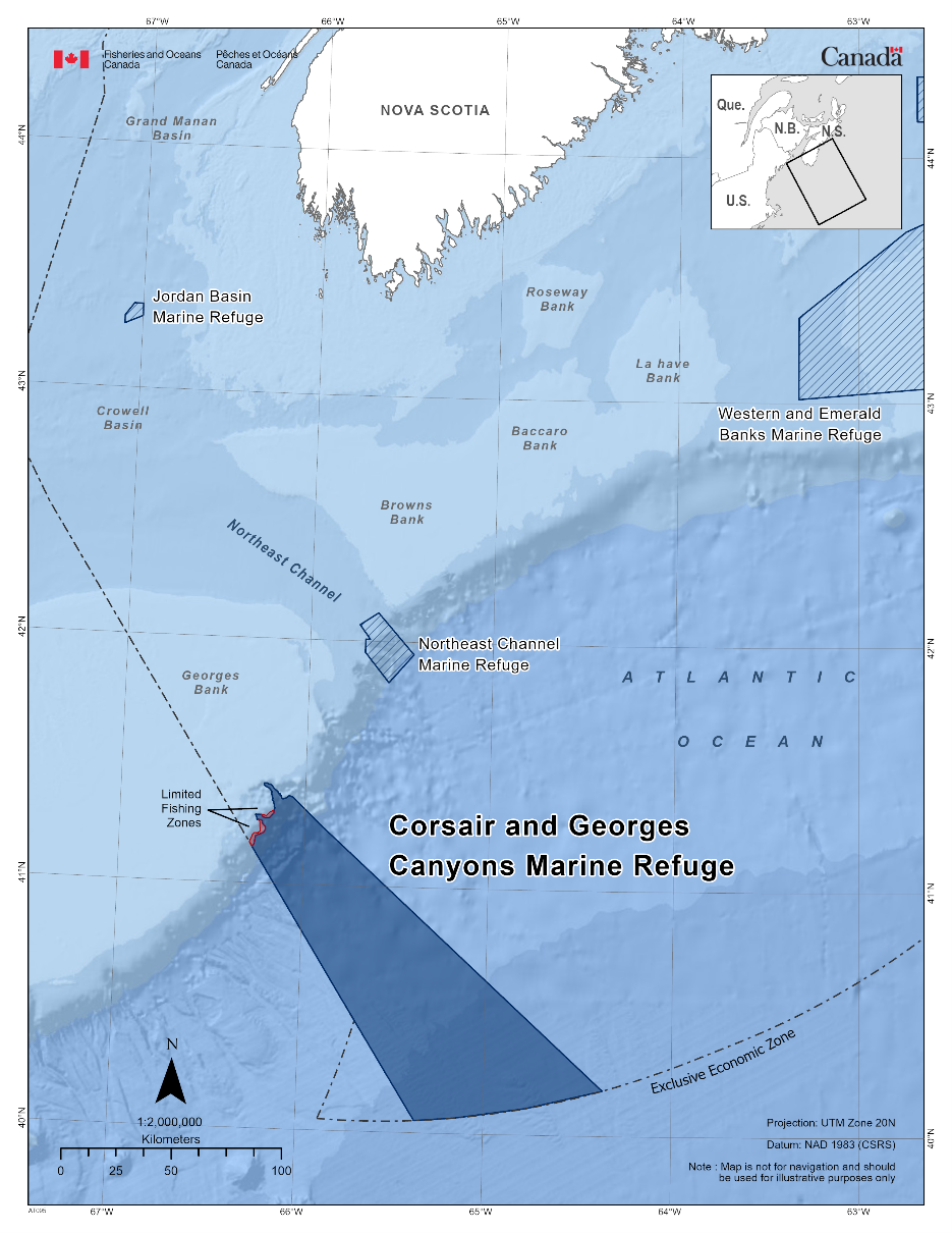 Map of the Corsair and Georges Canyon Conservation Area in dark blue. The map also includes the other marine refuges in dark blue diagonal lines (Jordan Basin Marine Refuge, Western and Emerald Banks Marine Refuge, Northeast Channel Marine Refuge). 