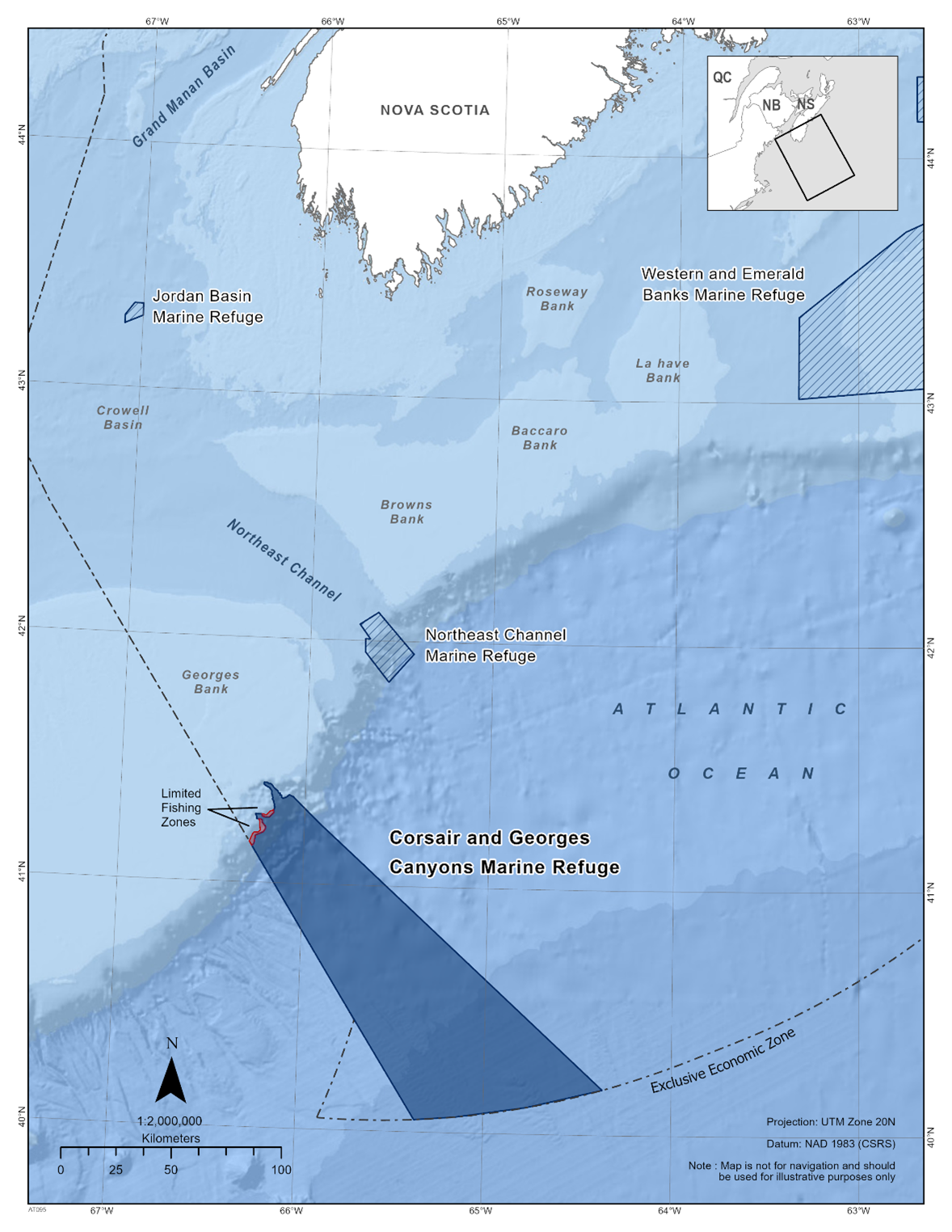 Map of the Corsair and Georges Canyon Conservation Area in dark blue. The map also includes the other marine refuges in dark blue diagonal lines (Jordan Basin Marine Refuge, Western and Emerald Banks Marine Refuge, Northeast Channel Marine Refuge). 