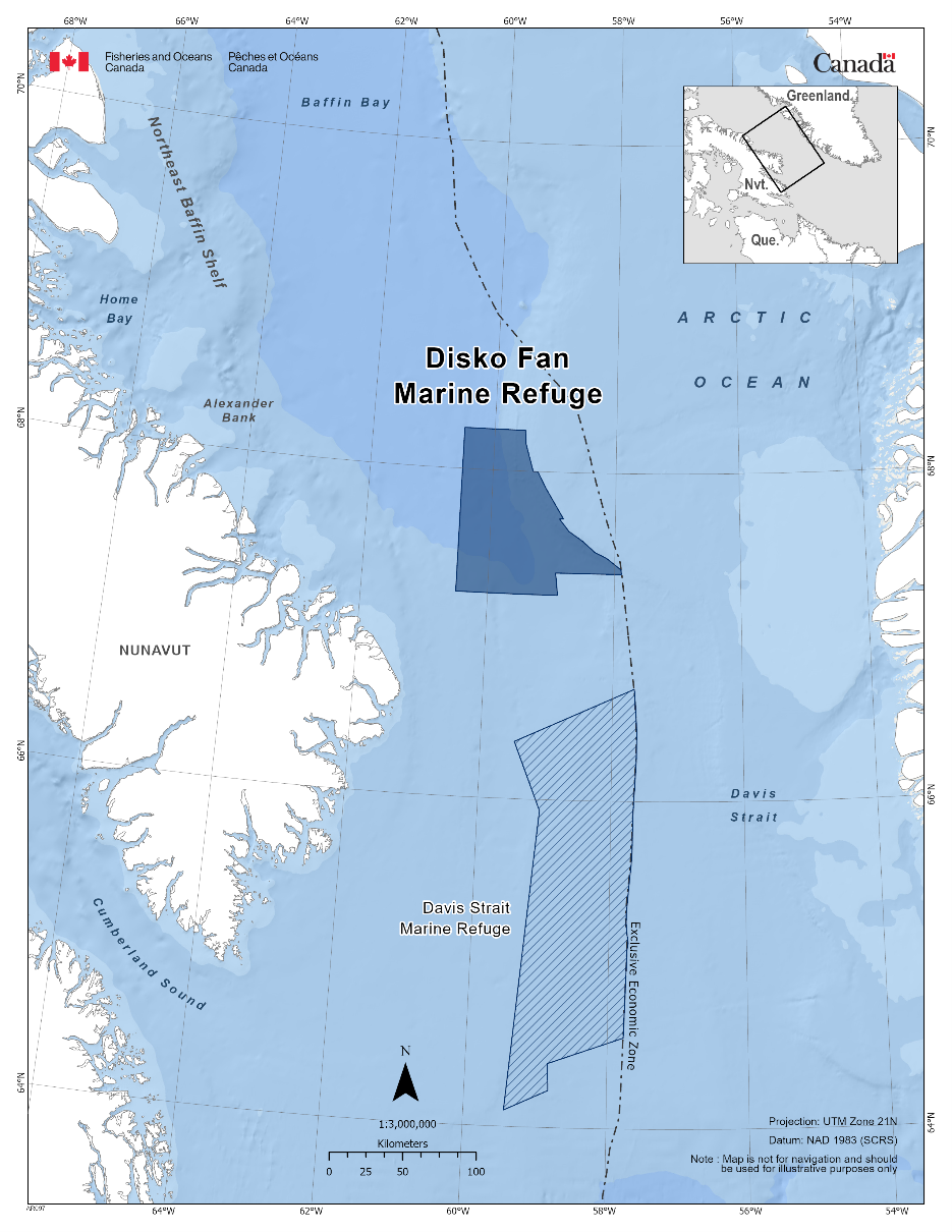 Map of the Disko Fan Marine Refuge in dark blue. The map also features other marine refuges nearby with dark blue diagonal lines (Davis Strait Marine Refuge). 