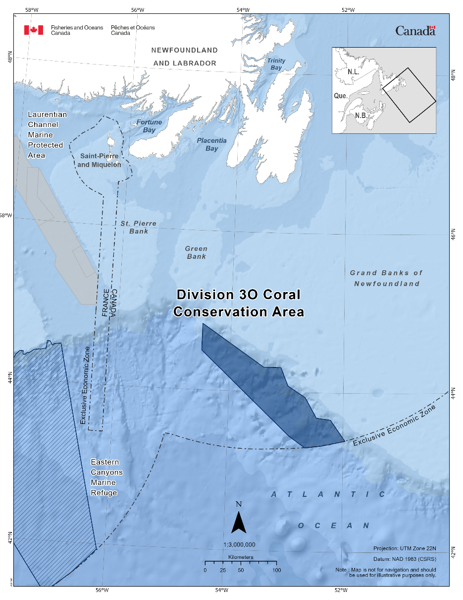 Map of the Division 3O Coral Conservation Area in dark blue. The map also includes the other marine refuges in the area with dark blue diagonal lines (Eastern Canyons Marine Refuge).