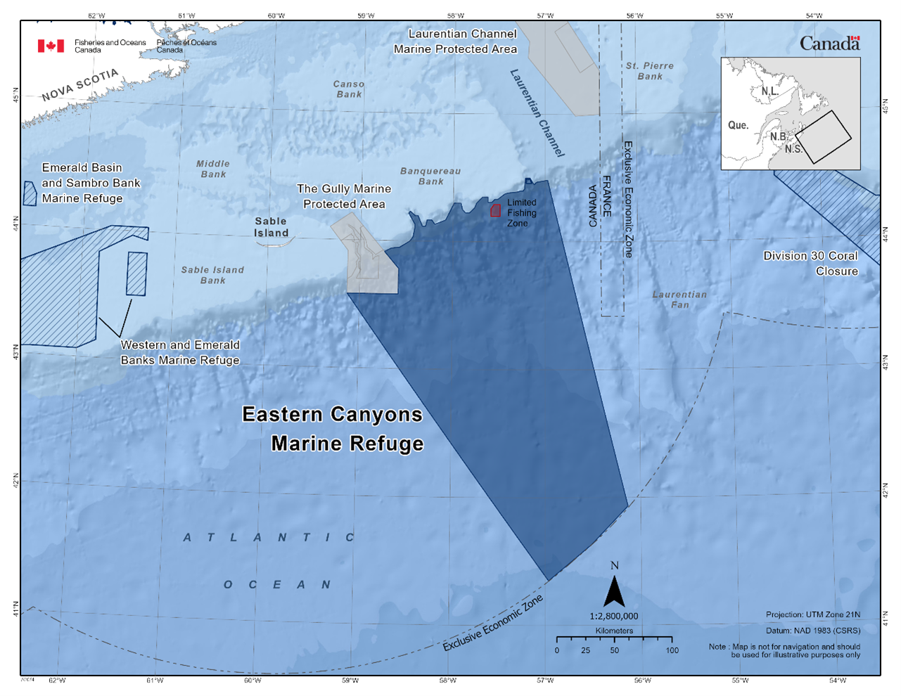 Map of the Eastern Canyons Marine Refuge in dark blue. The map also features other marine refuges nearby with dark blue diagonal lines (Division 3O Coral Closure, Emerald Basin and Sambro Bank Marine Refuge, Western and Emerald Banks Marine Refuge). 