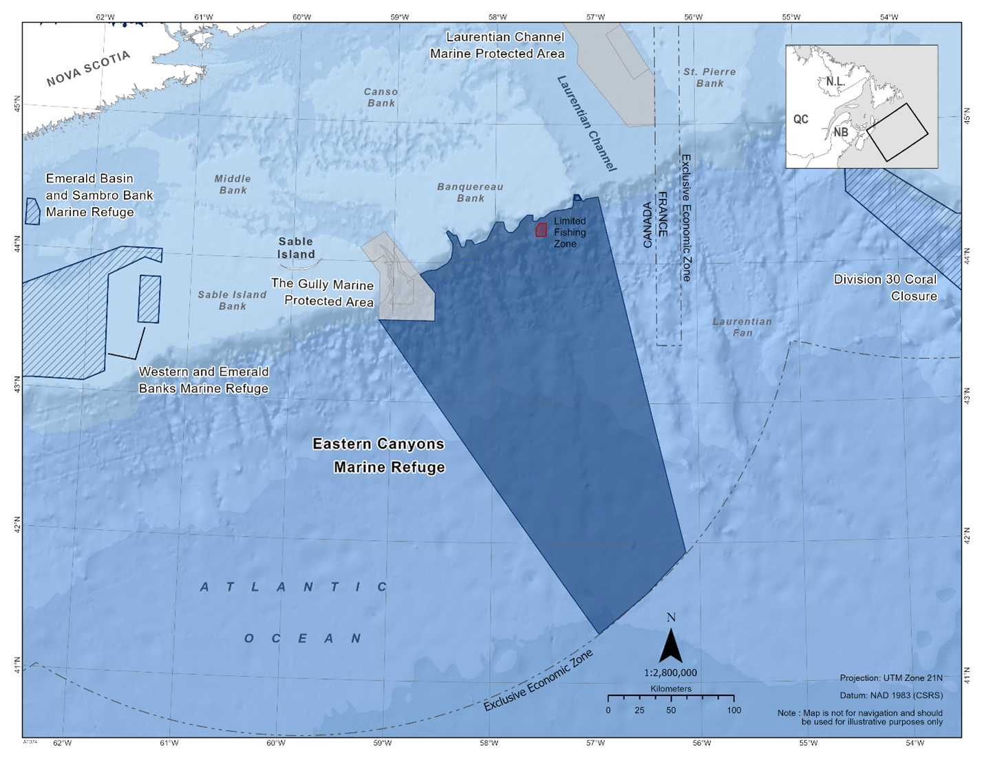 Map of the Eastern Canyons Marine Refuge in dark blue. The map also features other marine refuges nearby with dark blue diagonal lines (Division 3O Coral Closure, Emerald Basin and Sambro Bank Marine Refuge, Western and Emerald Banks Marine Refuge). 
