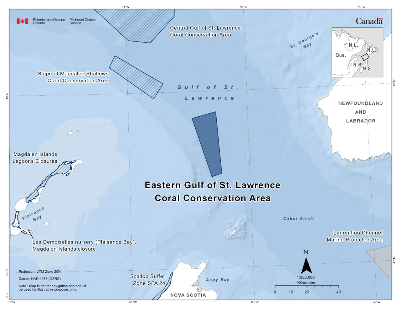 Map of the Eastern Gulf of St. Lawrence Coral Conservation Area depicted in dark blue. The map also features the other marine refuges in the area with dark blue diagonal lines (Central Gulf of St. Lawrence Coral Conservation Area, Slope of Magdalen Shallows, Magdalen Islands Lagoons closures, Les Demoiselles nursery, Scallop Buffer Zone SFA 24).