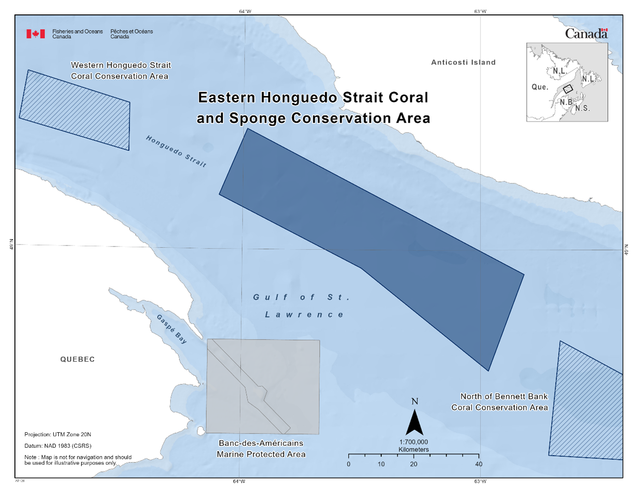Map of the Eastern Honguedo Strait Coral and Sponge Conservation Area depicted in dark blue. The map also features nearby marine refuges with dark blue diagonal lines (Western Honguedo Strait Coral Conservation Area & North of Bennett Bank Coral Conservation Area)