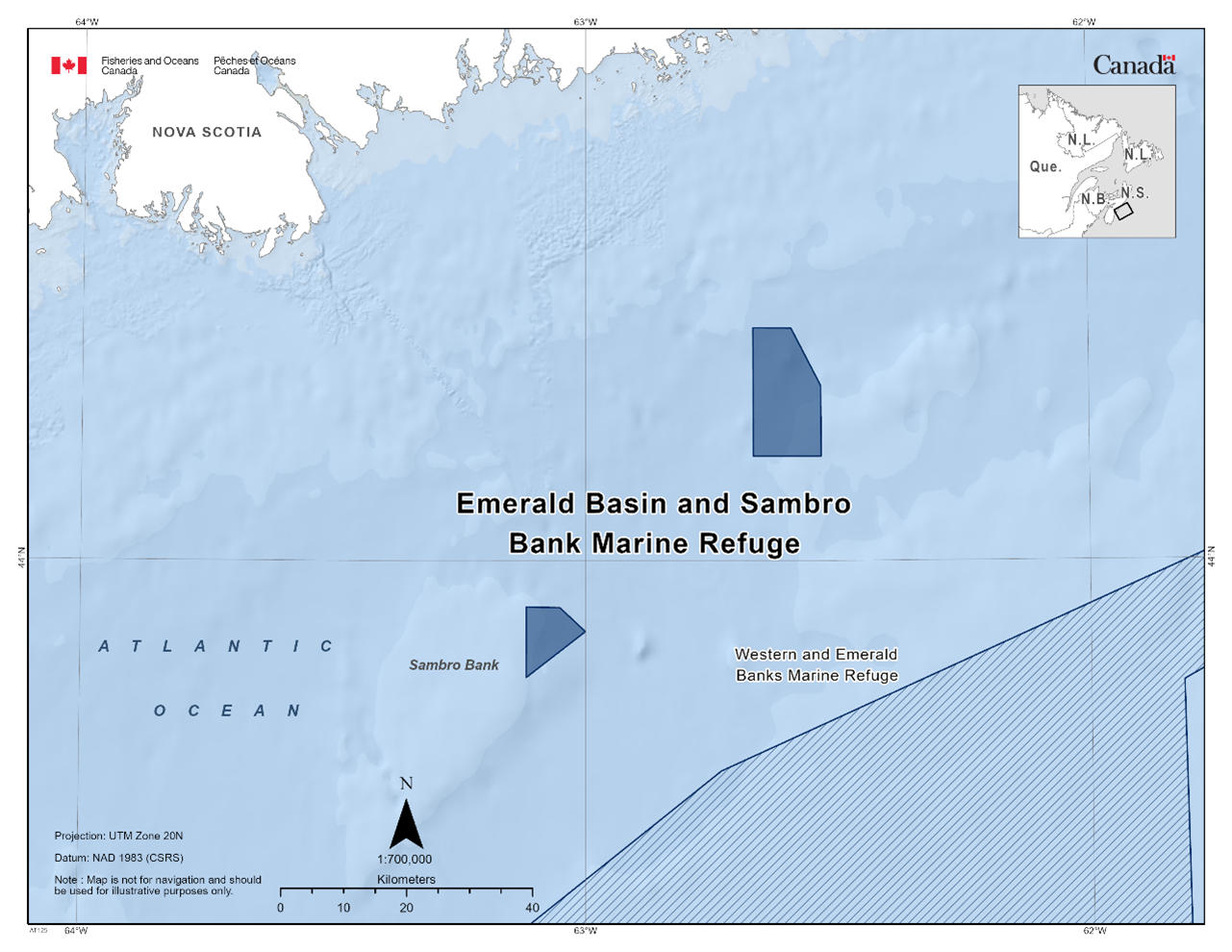 Map of the Emerald Basin and Sambro Bank Marine Refuge in dark blue. The map also features other marine refuges nearby with dark blue diagonal lines (Western and Emerald Banks Marine Refuge).