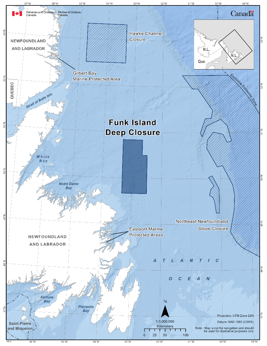 Map of the Funk Island Deep Closure in dark blue. The map also features other marine refuges nearby with dark blue diagonal lines (Hawke Channel Closure), Northeast Newfoundland Slope Closure).