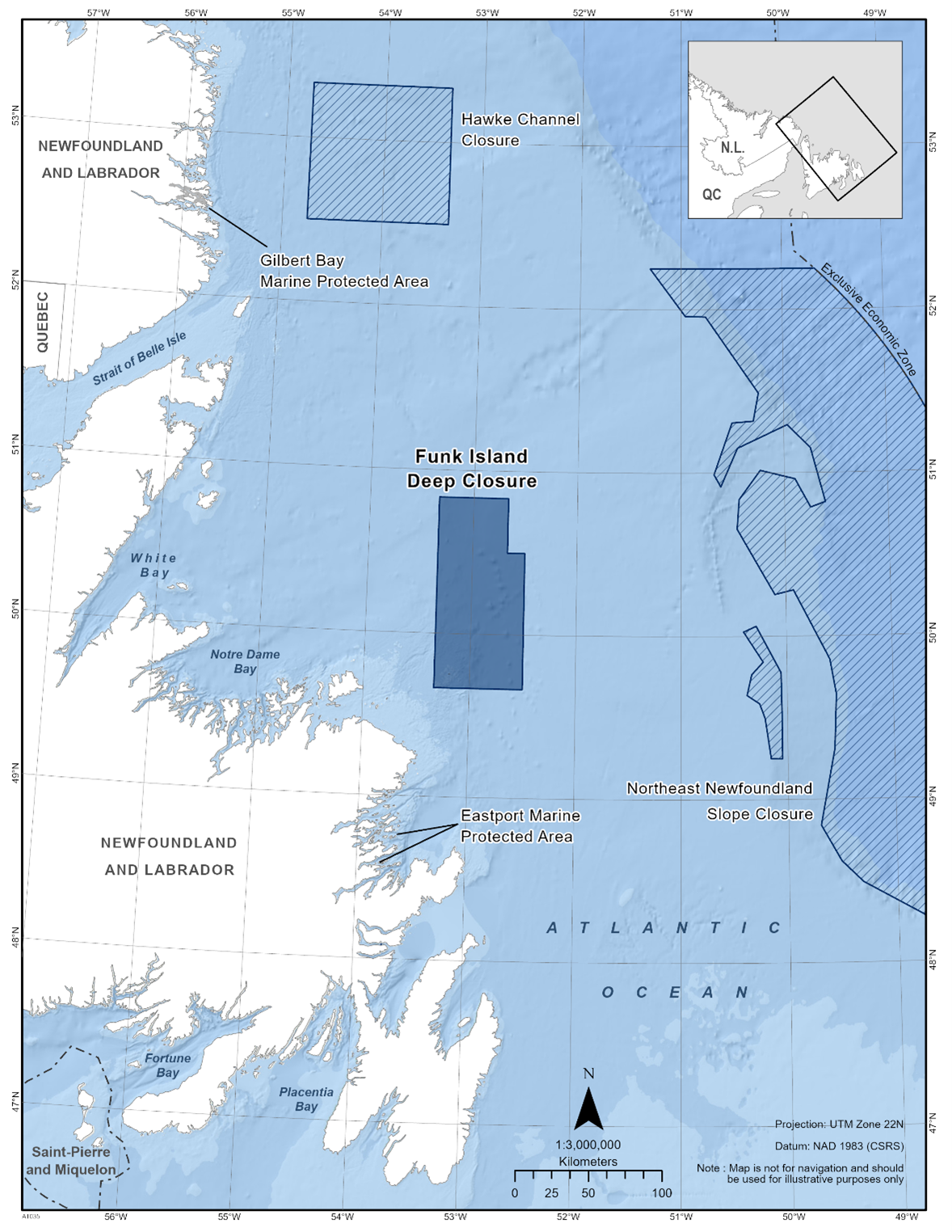Map of the Funk Island Deep Closure in dark blue. The map also features other marine refuges nearby with dark blue diagonal lines (Hawke Channel Closure), Northeast Newfoundland Slope Closure).
