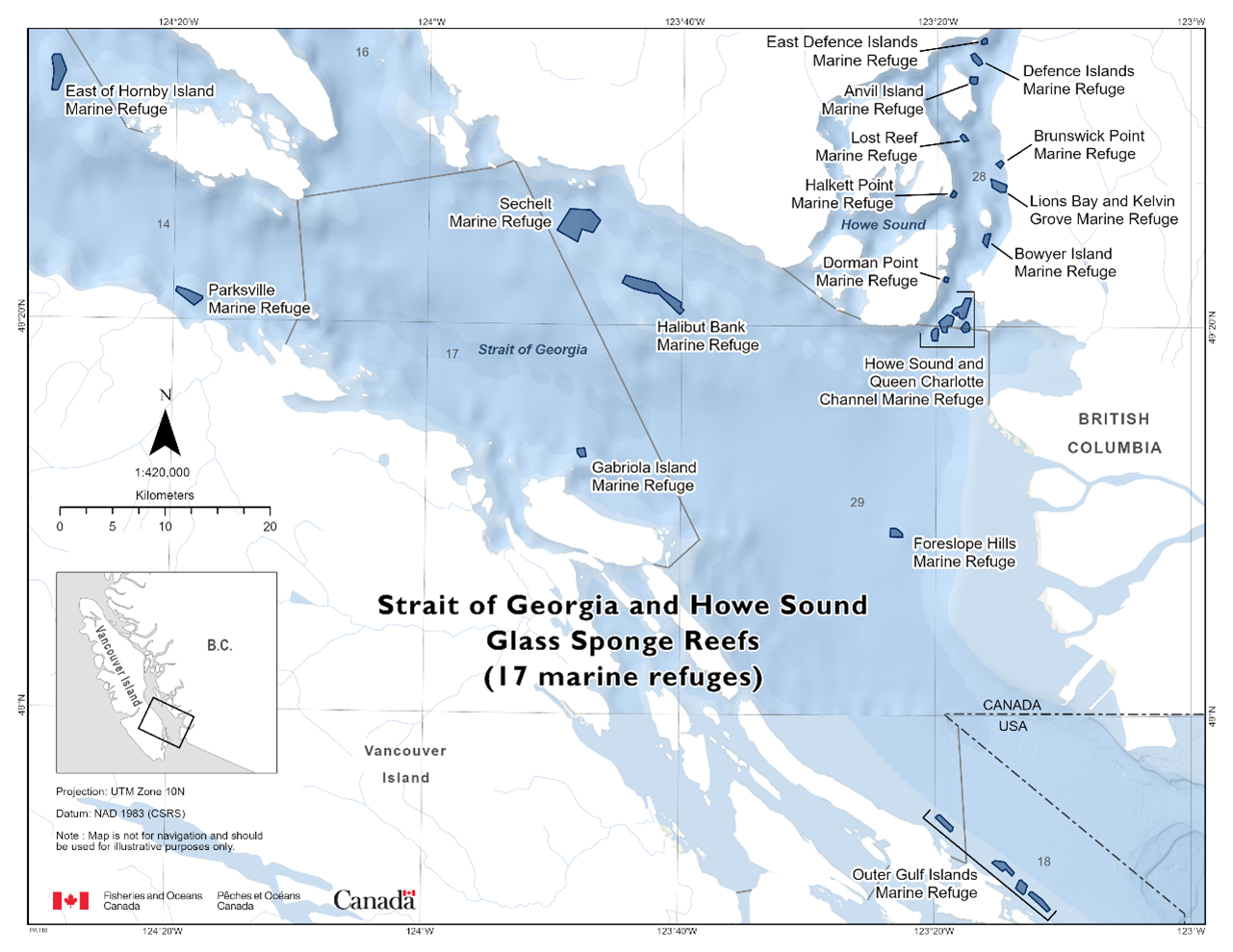 Map of the Strait of Georgia and Howe Sound Glass Sponge Reef Marine Refuge in dark blue. 