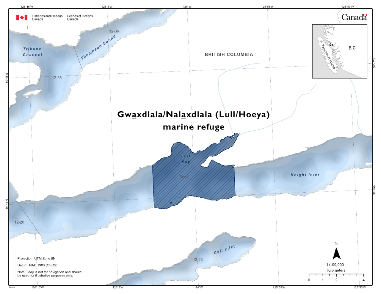 Map of the Gwaxdlala/Nalaxdlala (Lull/Hoeya) marine refuge in dark blue. 
