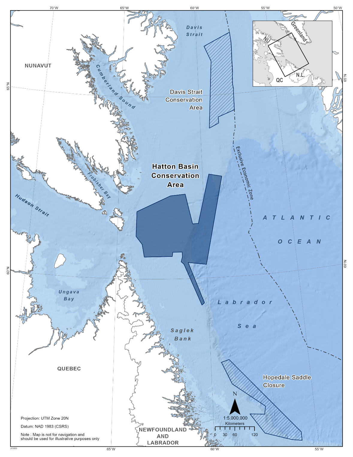 Map of the Hatton Basin Conservation Area in dark blue. The map also features other marine refuges nearby with dark blue diagonal lines (Davis Strait Conservation Area & Hopedale Saddle Closure). 