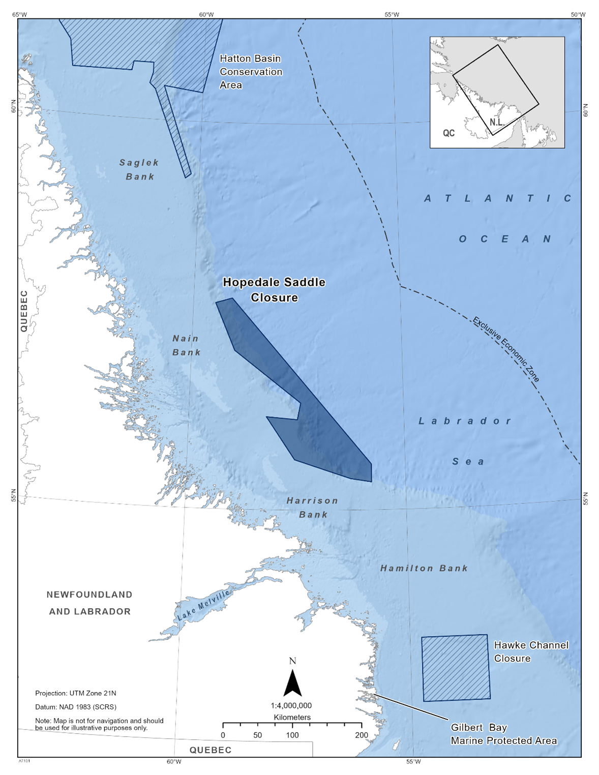 Map of the Hopedale Saddle Closure in dark blue. The map also features other marine refuges in the area with dark blue diagonal lines (Hatton Basin Conservation Area & Hawke Channel Closure).