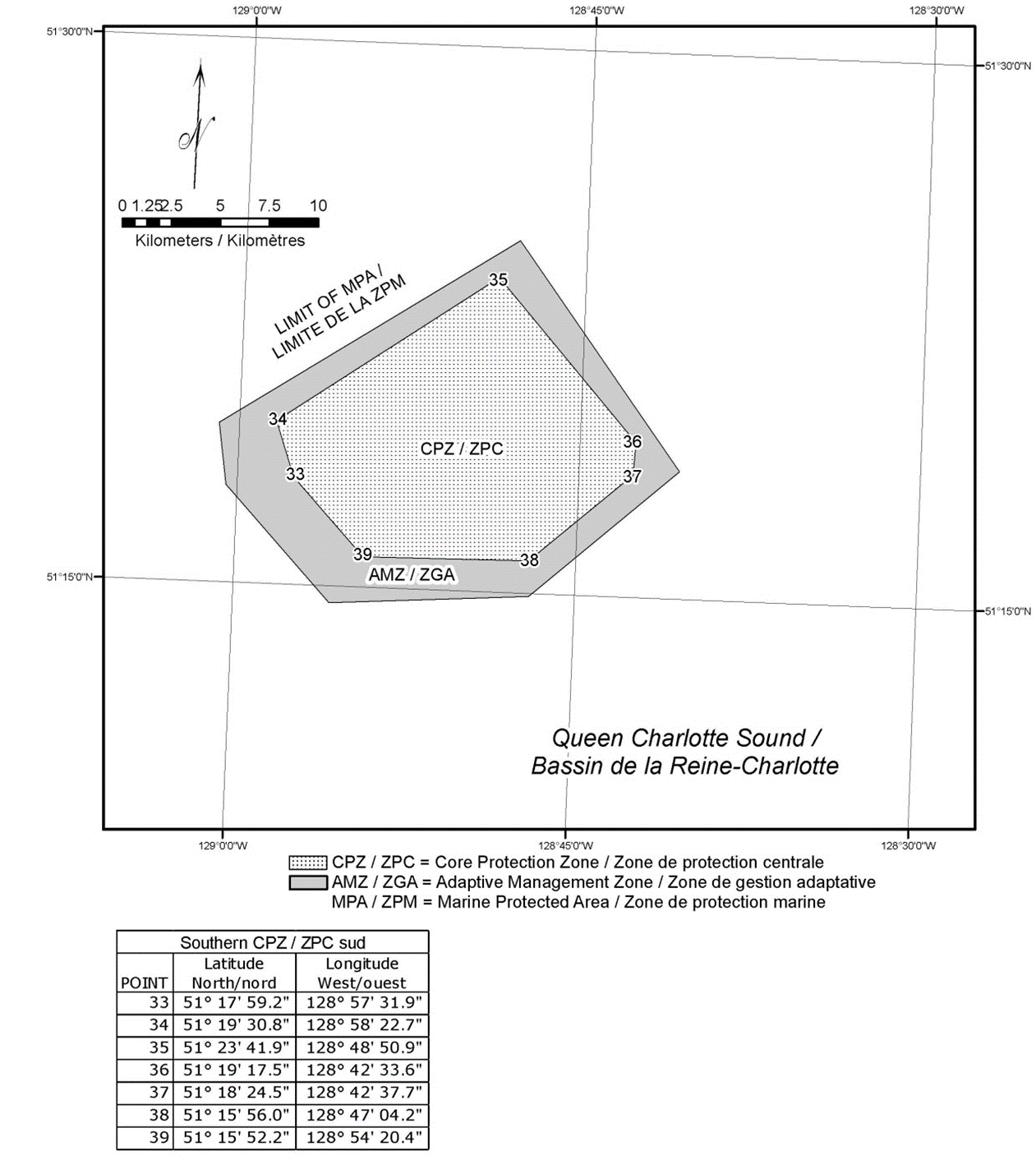 Map of the Southern Reef Marine Protected Area, depicting the core protection zone, adaptive management zone, and marine protected area in various shades of grey. The coordinates can be found on the bottom left corner.