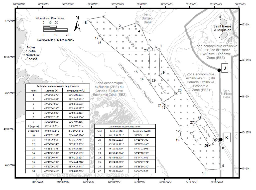 Map of the Laurentian Channel Marine Protected Area, divided into zones using various shapes (squares, circles, triangles). The coordinates of the marine protected area are in the bottom left corner.