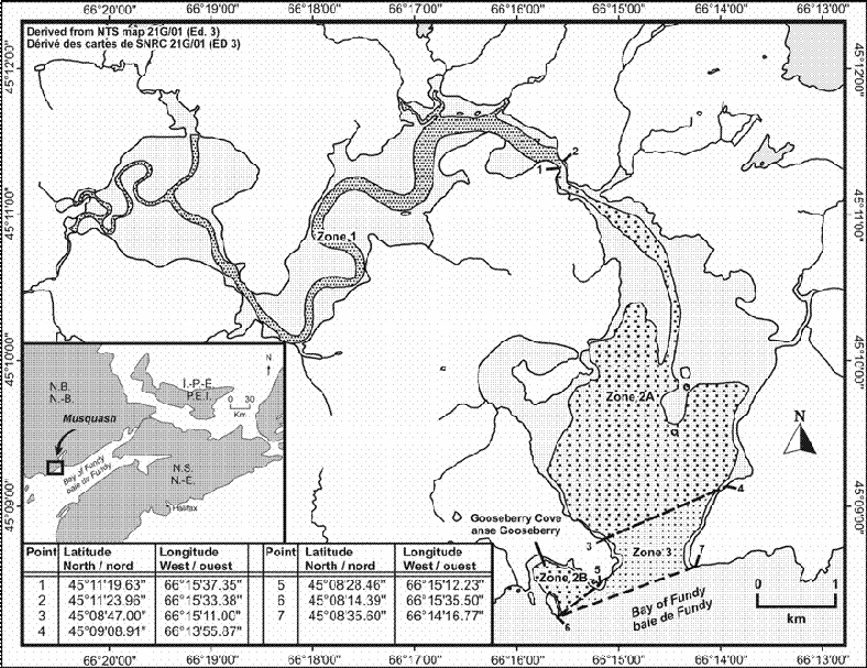 Map of the Musquash Estuary Marine Protected Area, depicting it's Zones with various dot patterns. The coordinates of the marine protected area can be found on the bottom left corner.