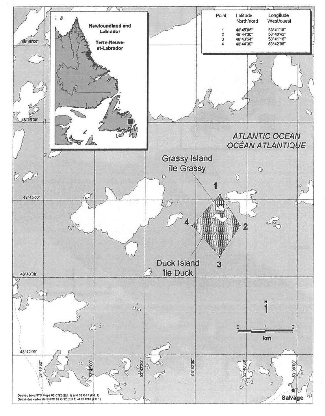 Map of the Grassy Island and Duck Island Marine Protected Area. The coordinates for the marine protected area can be found in the top right corner.