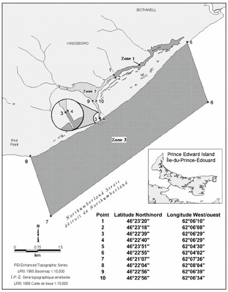 Map of the Basin Head Marine Protected Area, depicting the various zones in different shades of grey. The coordinates can be found on the bottom right corner. 