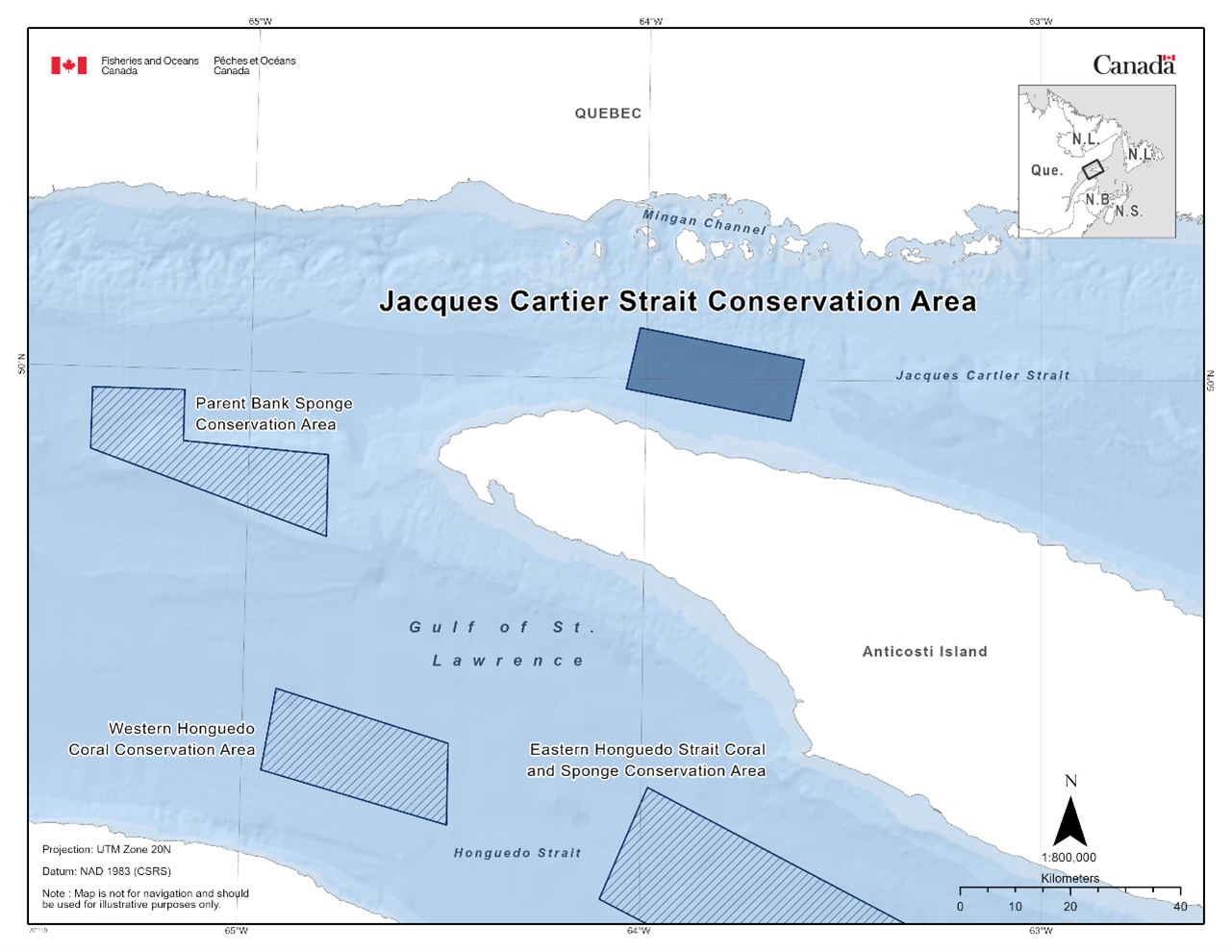 Map of the Jacques Cartier Strait Conservation Area depicted in dark blue. The map also features other marine refuges nearby with dark blue diagonal lines (Parent Bank Sponge Conservation Area, Western Honguedo Coral Conservation Area, Eastern Honguedo Strait Coral and Sponge Conservation Area). 