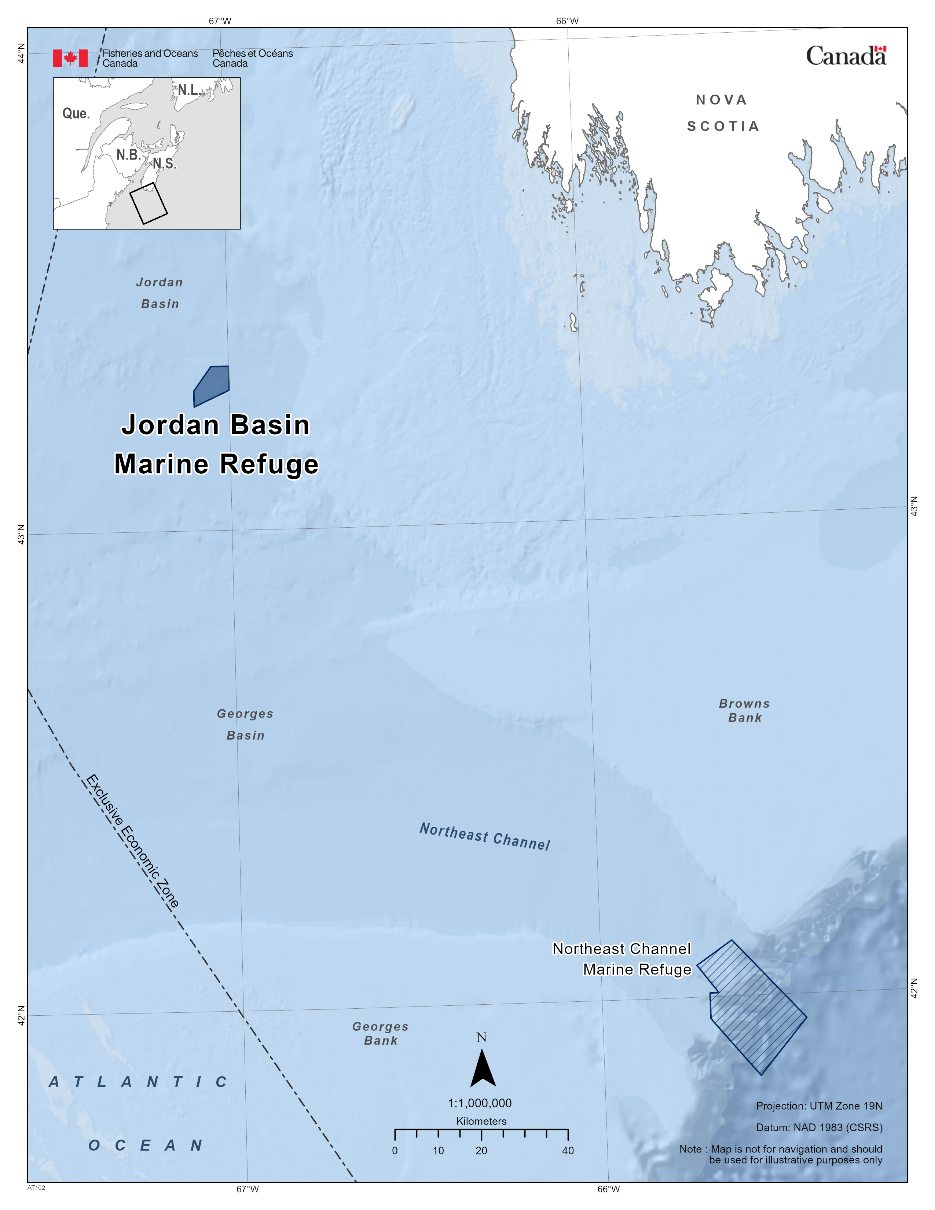 Map of the Jordan Basin Marine Refuge in dark blue. The map also features nearby marine refuges with dark blue diagonal lines (Northeast Channel Marine Refuge). 