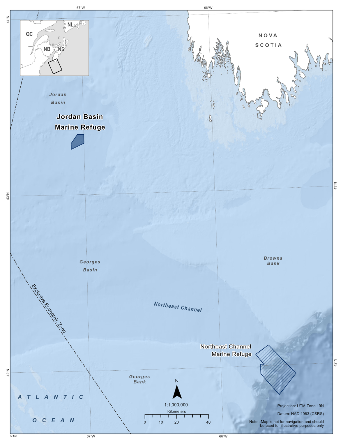Map of the Jordan Basin Marine Refuge in dark blue. The map also features nearby marine refuges with dark blue diagonal lines (Northeast Channel Marine Refuge). 
