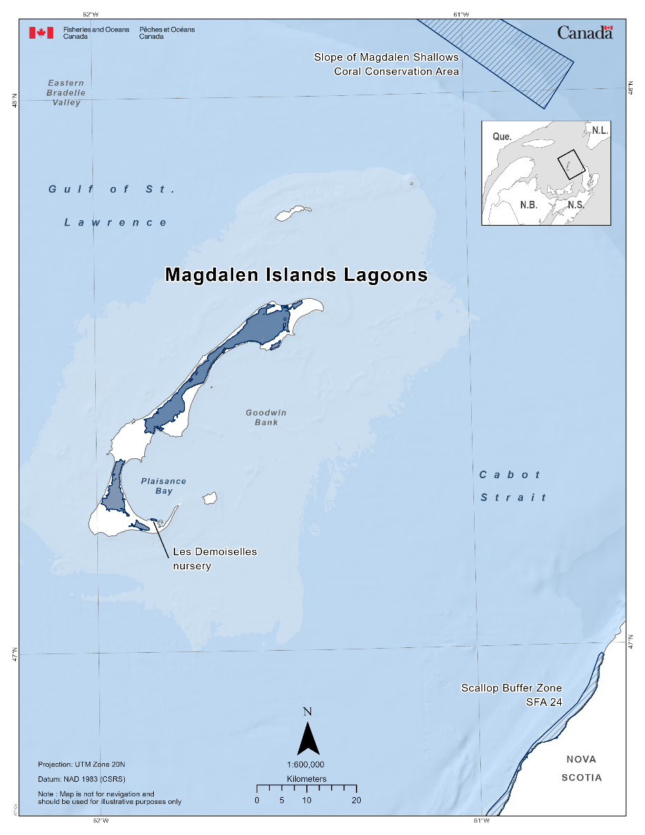 Map of the Magdalen Islands Lagoons depicted in dark blue. The map also features marine refuges nearby with dark blue diagonal lines (North of Bennett Bank Coral Conservation Area, Central Gulf of St. Lawrence Coral Conservation Area, Slope of Magdalen Shallows Coral Conservation Area, Eastern Gulf of St. Lawrence Coral Conservation Area, Scallop Buffer Zone SFA 24, Les Demoiselles nursery).