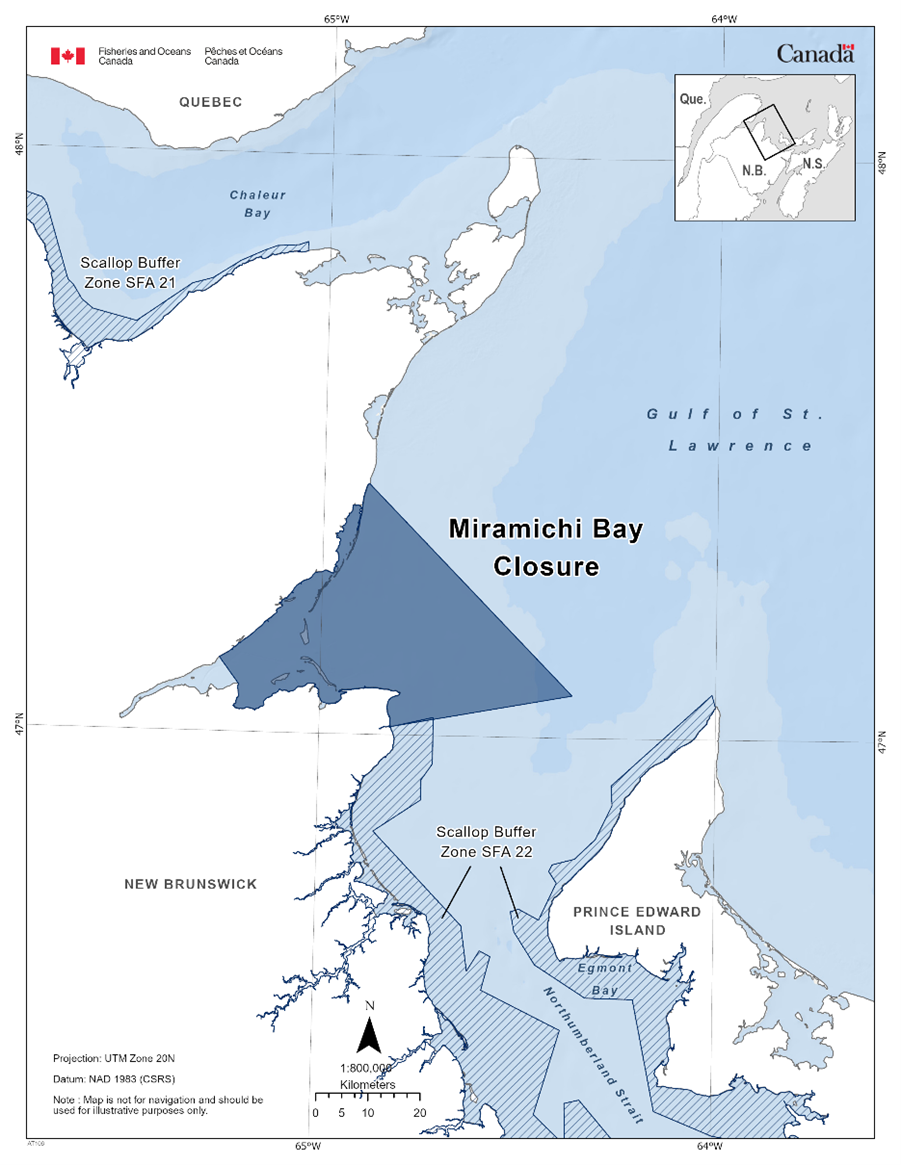 Map of the Miramichi Bay Closure depicted in dark blue. The map also features the marine refuges nearby with dark blue diagonal lines (Scallop Buffer Zone SFA 21 & SFA 22).